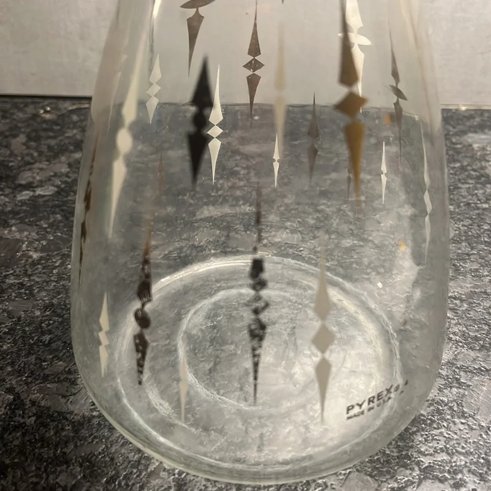 Vintage Pyrex Glass Coffee Carafe with Black Handle and Gold Accents